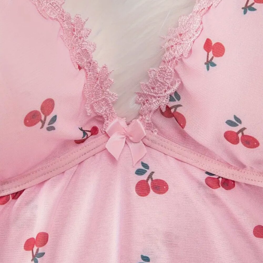 XL Sexy Cherry Print Lace Trim Slip Nightdress, V Neck Backless Sleep Mini Dress - Picture 3 of 5